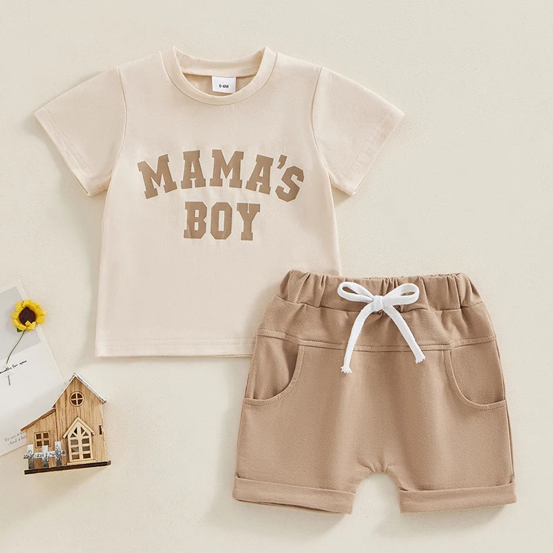 2Pcs Little Boys Outfit Toddlers Baby Boys Summer Letter Print Short Sleeve T-Shirt Tops + Elastic Waist Shorts Clothing