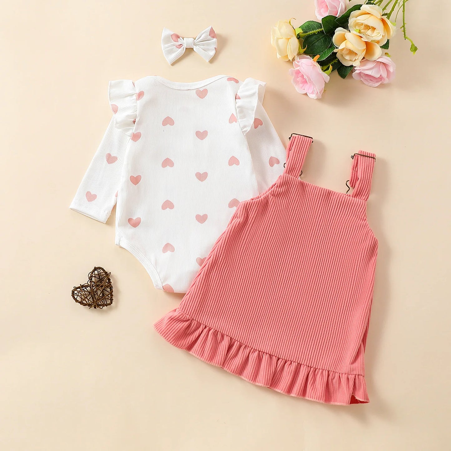 Summer Elegance: 3PCS Adorable Love Long Sleeves  Suspender Dress Set - Comfortable, Medium-Stretch, Machine-Washable for Baby G