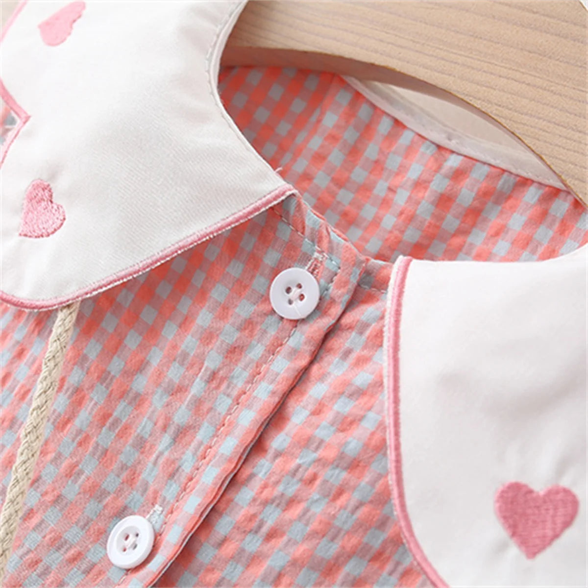 Summer Newborn 2-Piece Girl Infant Cotton Dress And Backpack Baby Embroidered Flip Collar Checkered Sleeveless Beach Dress