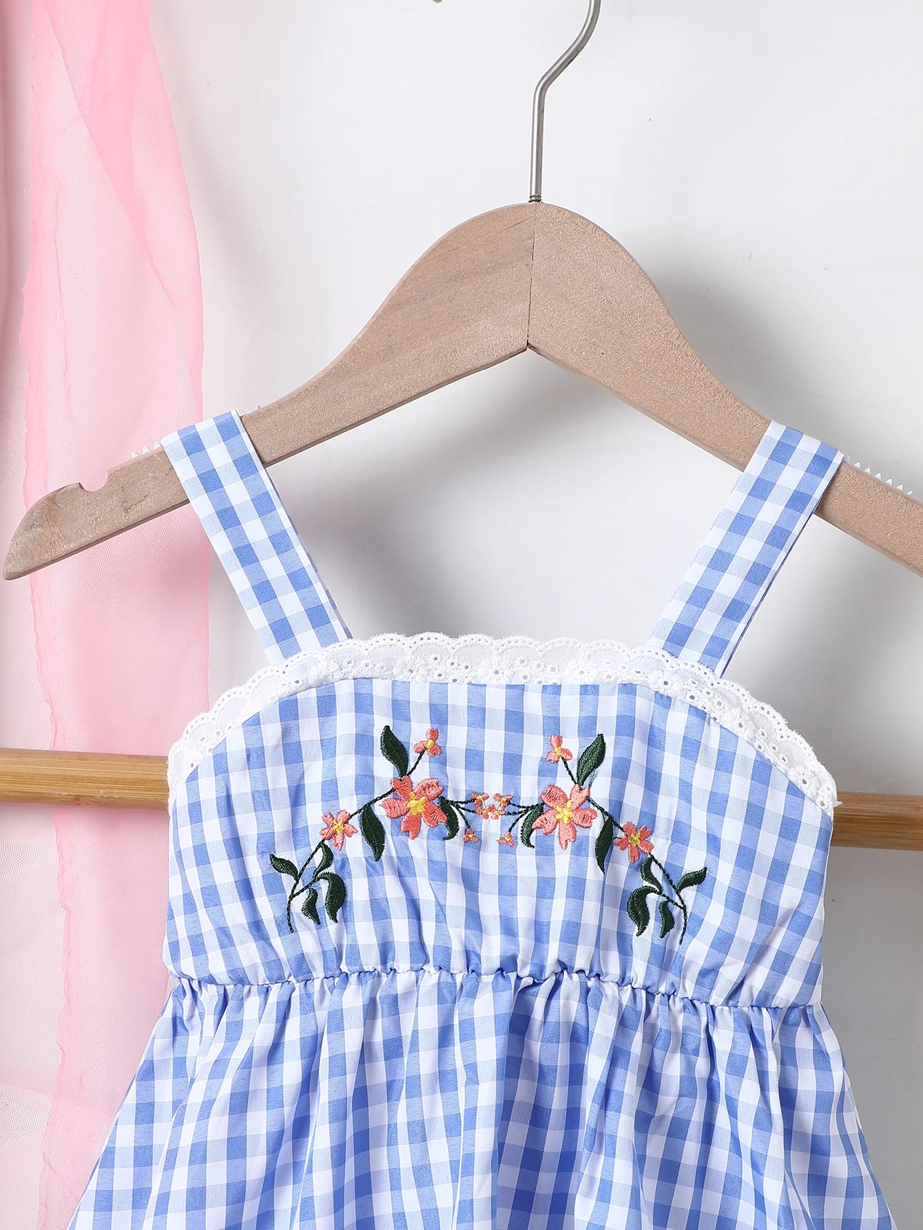 Summer Girl's Camisole Skirt Embroidered Plaid Waistband  Lace Dress Fashionable Cute Baby Child