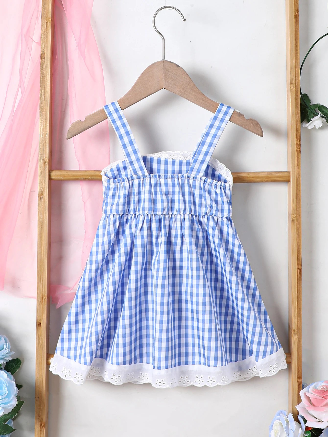 Summer Girl's Camisole Skirt Embroidered Plaid Waistband  Lace Dress Fashionable Cute Baby Child