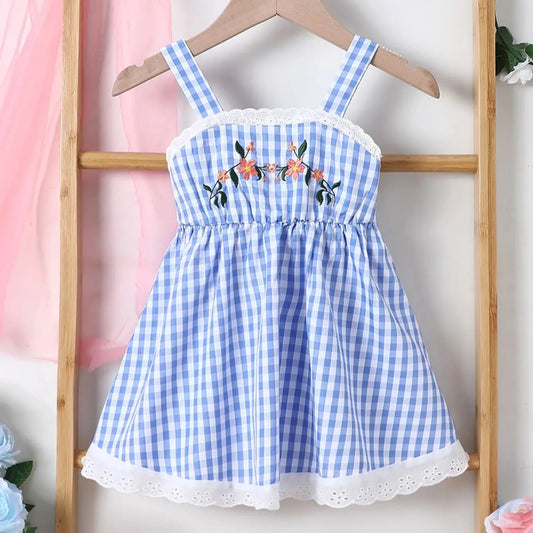 Summer Girl's Camisole Skirt Embroidered Plaid Waistband  Lace Dress Fashionable Cute Baby Child