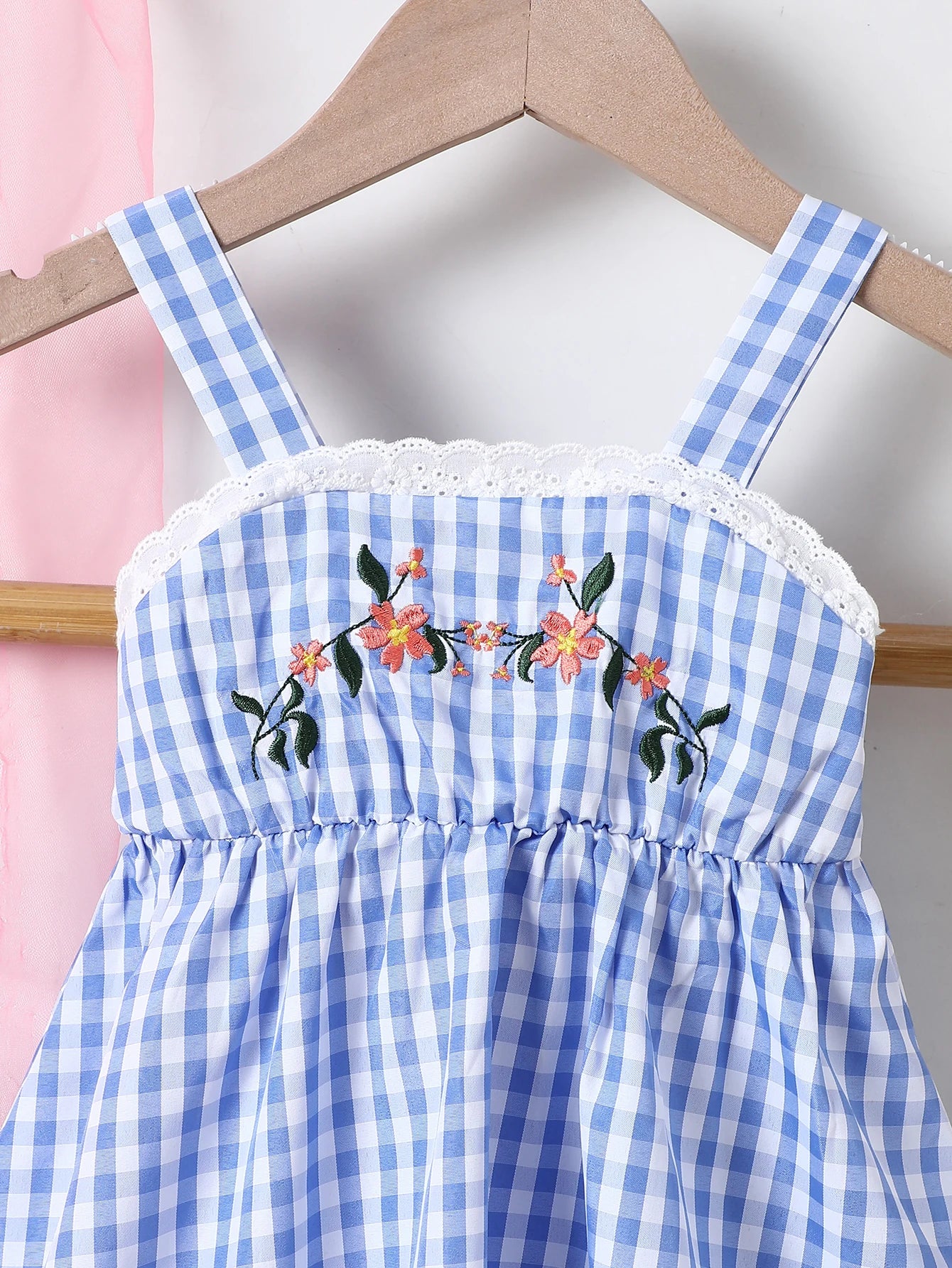 Summer Girl's Camisole Skirt Embroidered Plaid Waistband  Lace Dress Fashionable Cute Baby Child